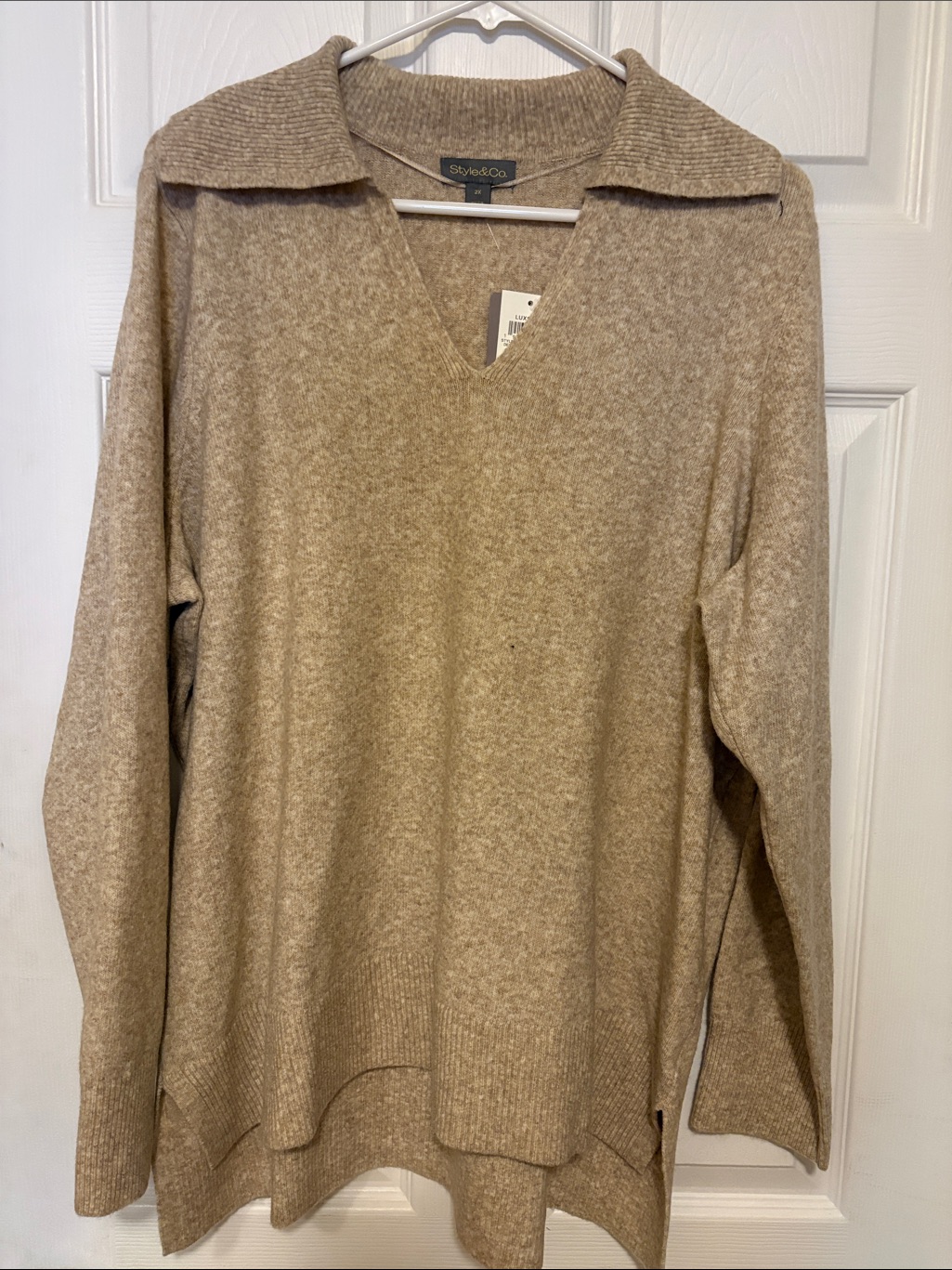 Style & Co. Tan V-Neck Collared Pullover Sweater